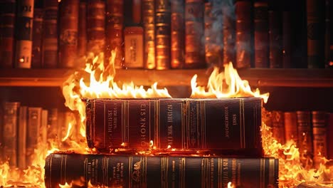 a stack of books sitting on top of a fire in front of a bookshelf