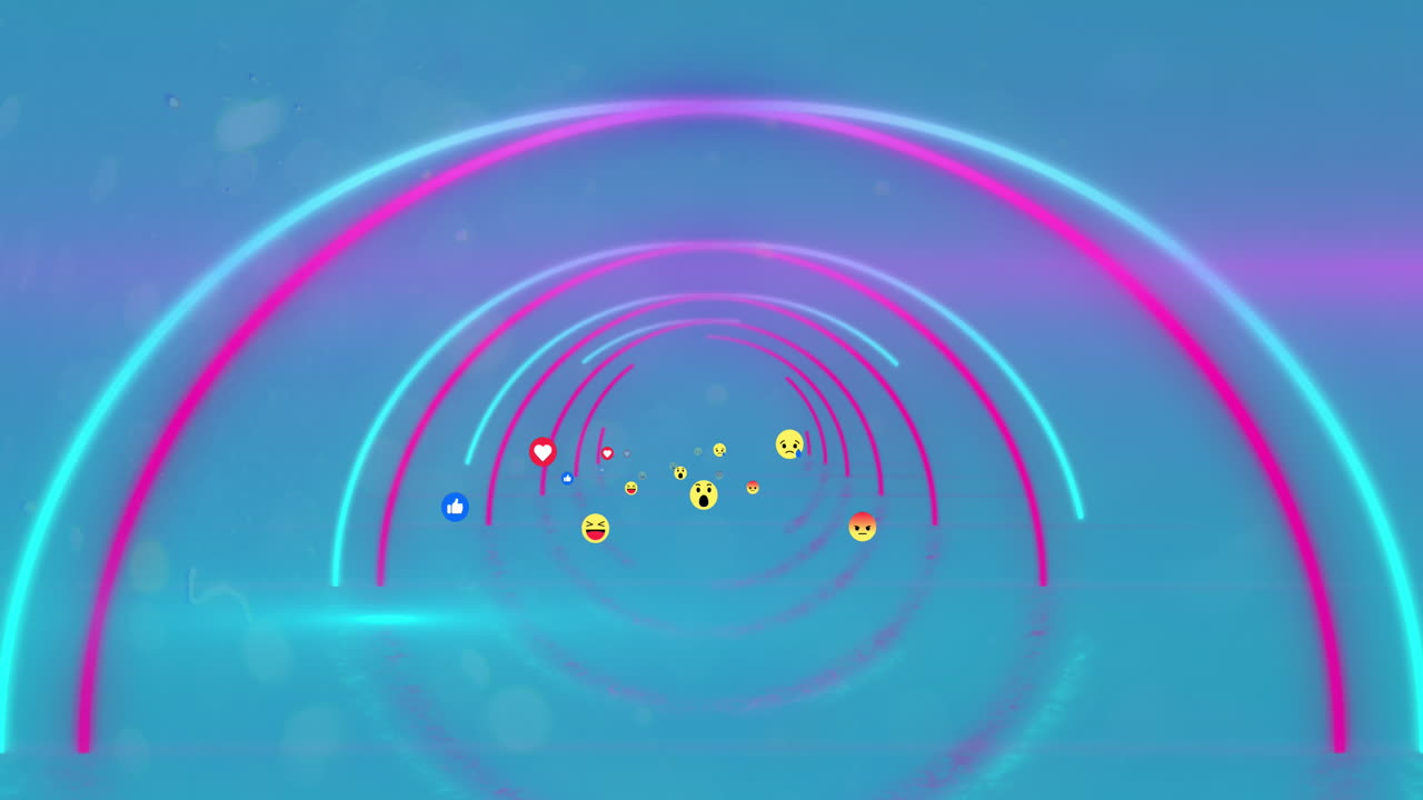 여러 얼굴 이모티콘이 파란색 배경의 반 ⁇ 이는 터널에 대해 움직이고 있습니다.