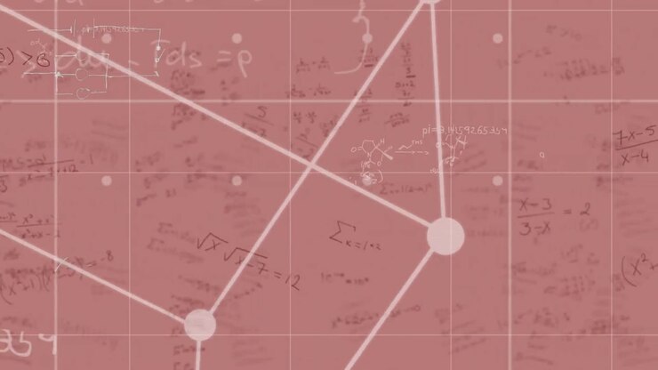Cubo rotante su lune reticolate, su equazioni matematiche con sfondo rosa