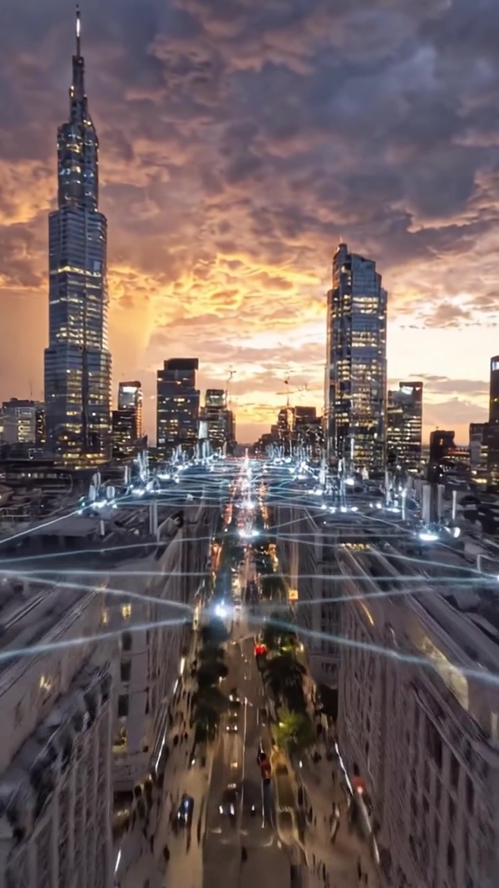 Paisagem Urbana Deslumbrante ao Anoitecer: Uma Vista Aérea Vibrante de Torres Iluminadas por Luzes Deslumbrantes e um Céu Dinâmico, Capturando a Beleza Urbana e a Tecnologia em Harmonia