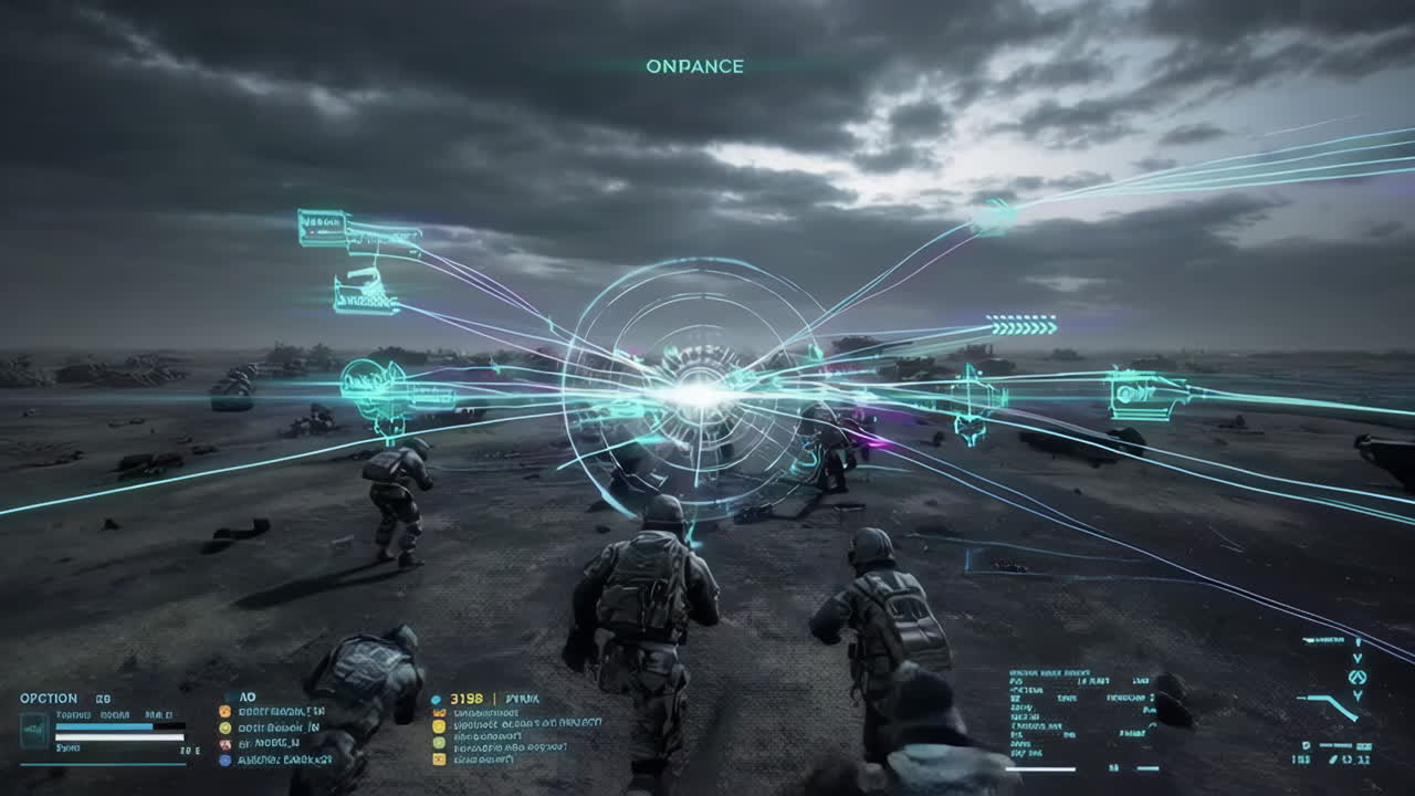 Futuristic Military Operation with Holographic HUD in a Desolate Landscape