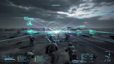 futuristic military operation with holographic hud in a desolate landscape