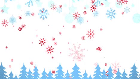 Animation-of-snowflakes-falling-over-christmas-trees