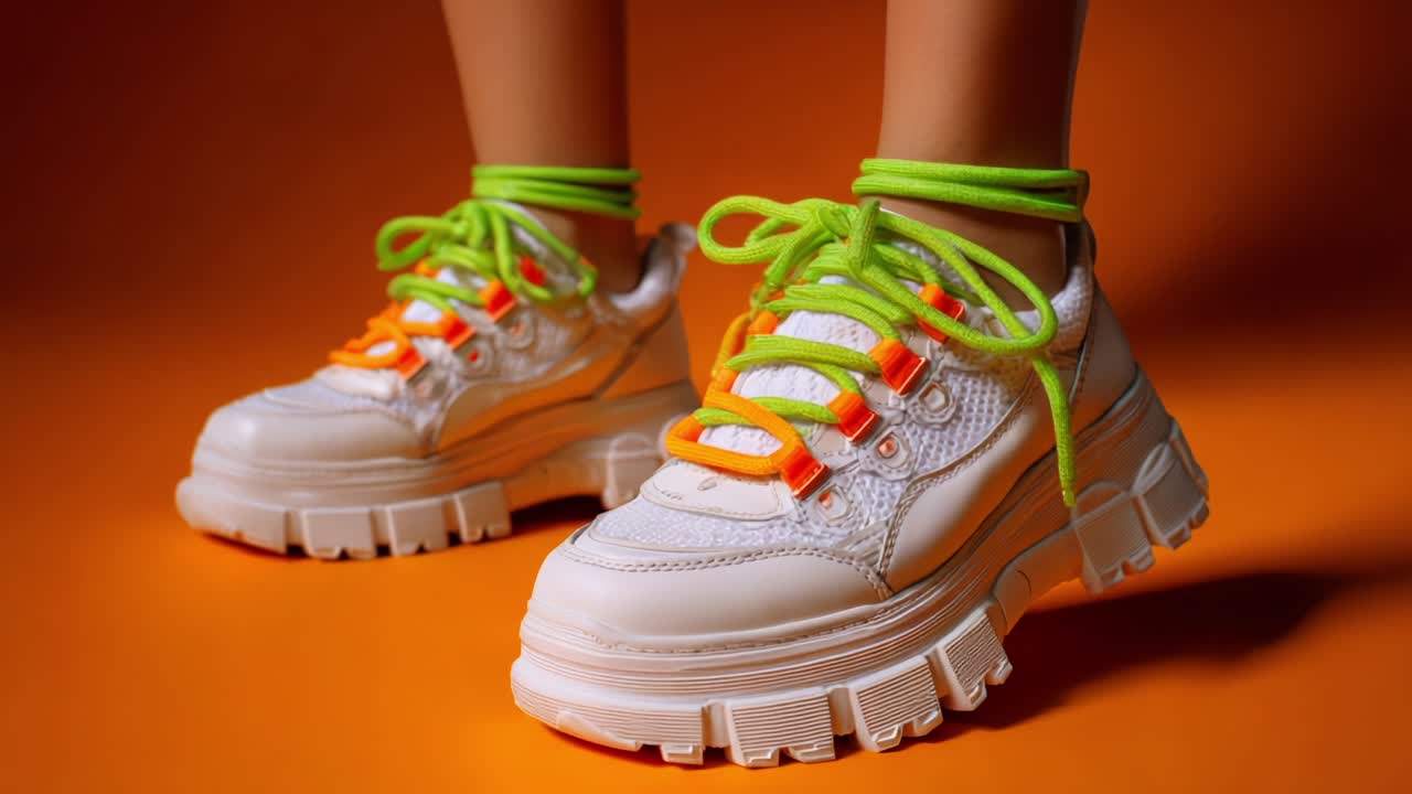 A close-up view of trendy, colorful sneakers with bright laces against a vibrant orange background, highlighting the unique design elements and stylish details of the footwear, perfect for fashion enthusiasts