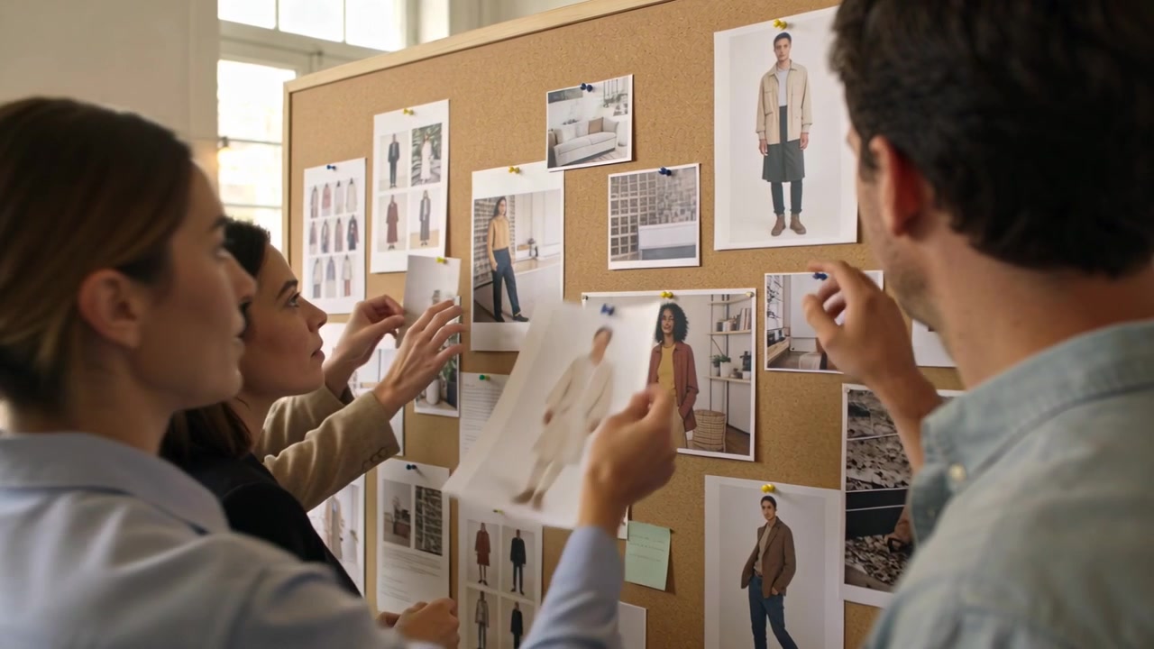 Arranging team in work attire in studio after peer joining pinning prints on board refining layout