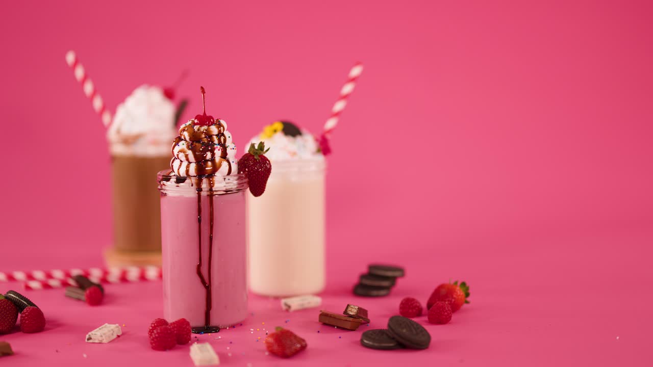 Hand places striped straw in strawberry milkshake with whipped cream, chocolate drizzle, pink background
