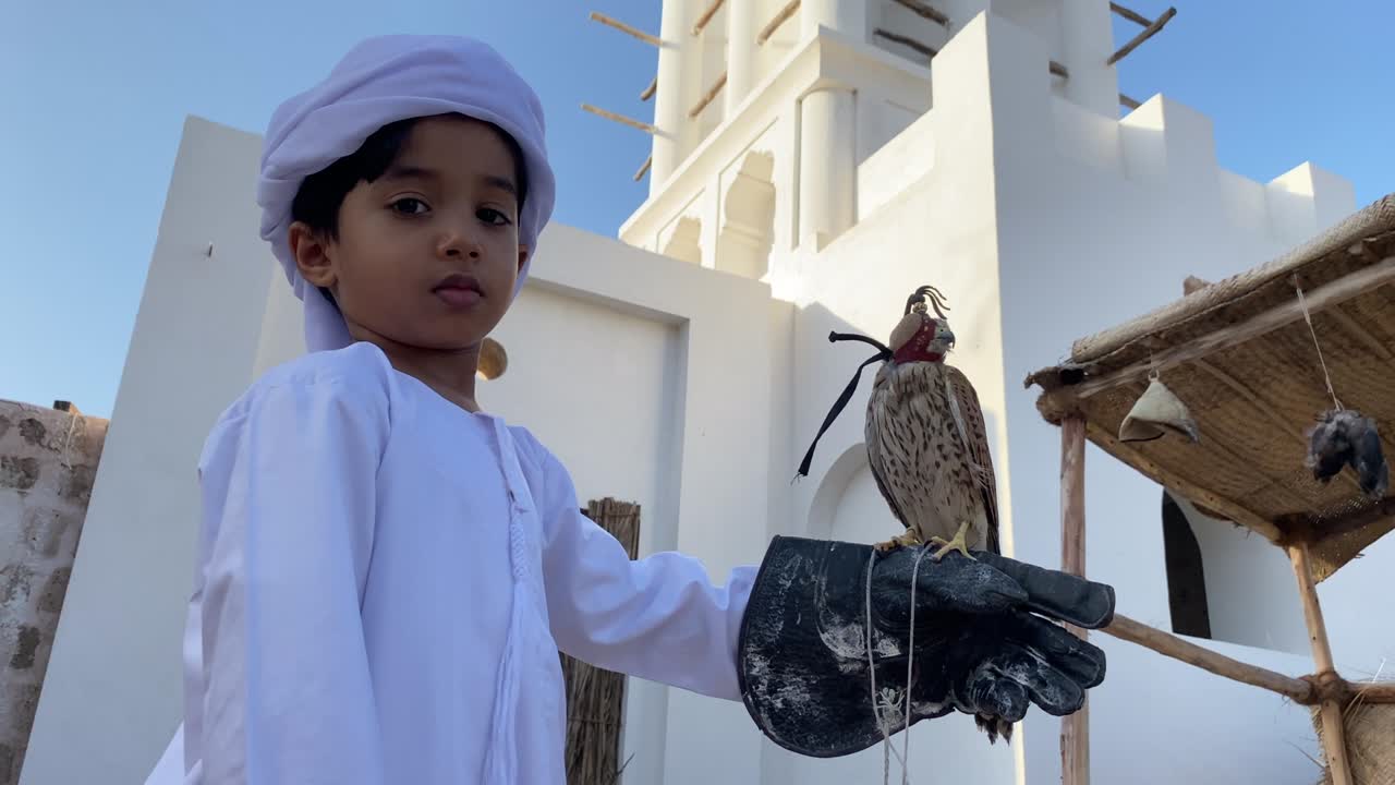 Arab child in traditional outfit kandura with falcon on his hand