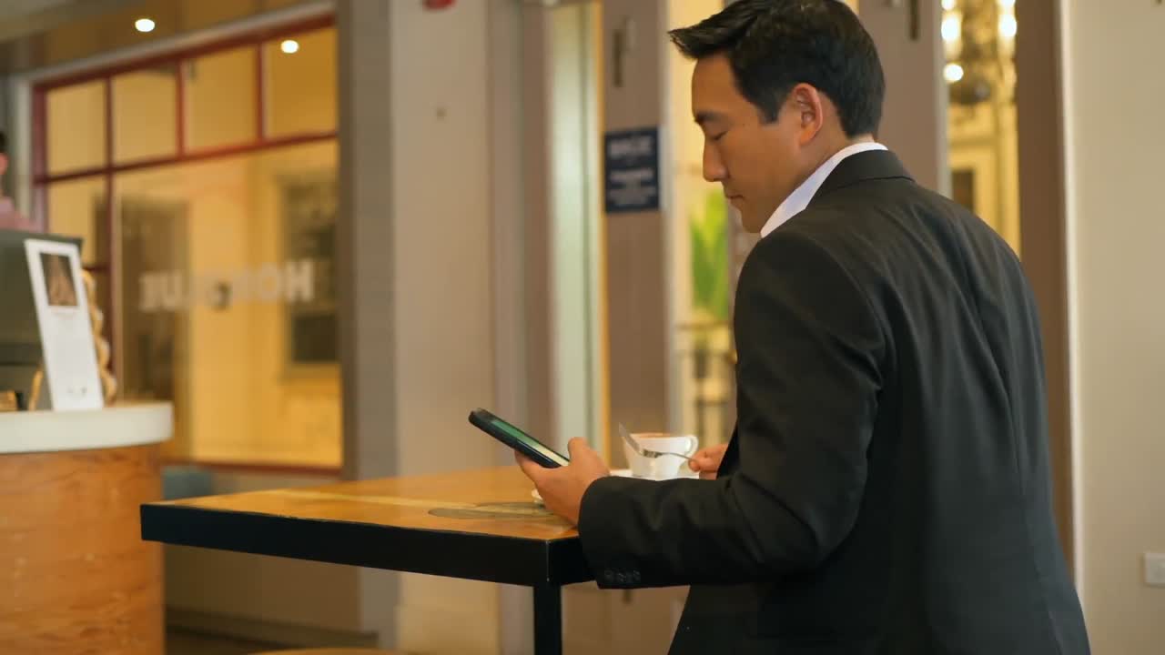 Businessman having food while using mobile phone 4k