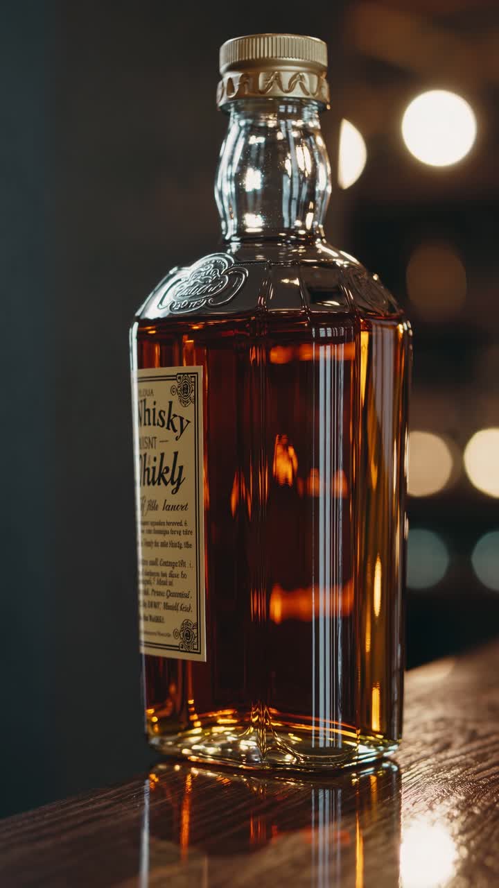 Primo piano, angolazione di una bottiglia di whisky su una superficie di legno, che cattura toni caldi e riflessi