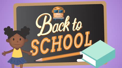 Animation-of-back-to-school-text-with-pencil-and-bus-on-chalkboard-with-cartoon-schoolgirl-and-book