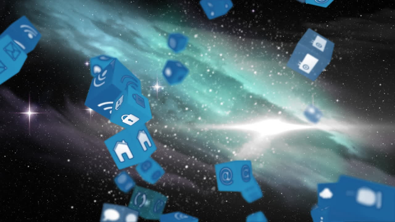 공간과 은하 위로 떨어지는 사회적 아이콘이 있는 파란색 큐브의 애니메이션