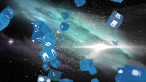 animación de cubos azules con iconos sociales que caen sobre el espacio y una galaxia