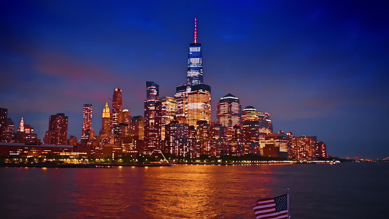 Bright city lights of New York skyline reflect in the waterscape of the river. Spectacular view on the city from the riverboat