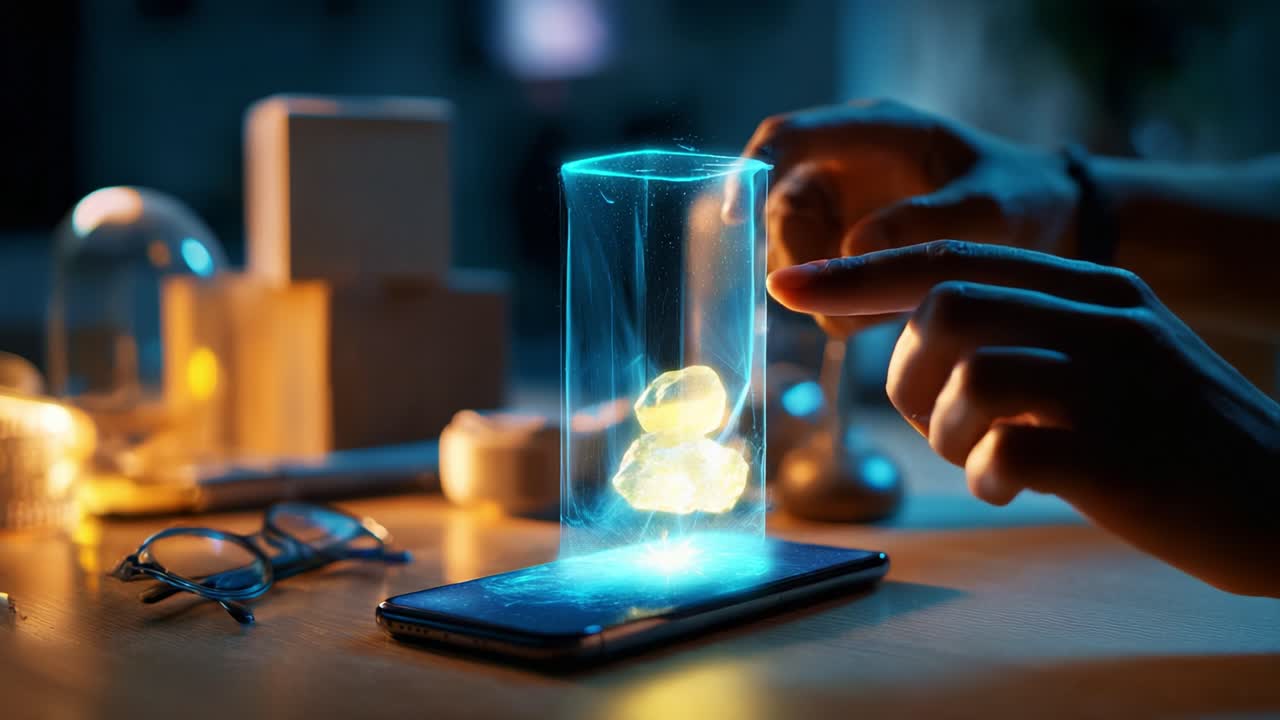 Exploring the Future of Technology: A Captivating Display of Holographic Interaction Above a Smartphone in a Dimly Lit Room, Showcasing Abstract Shapes and Visual Effects