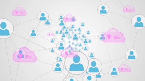 animación de múltiples iconos de carga en la nube a través de la red de iconos de perfil contra un fondo gris