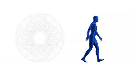 animation of human walking and shapes on white background