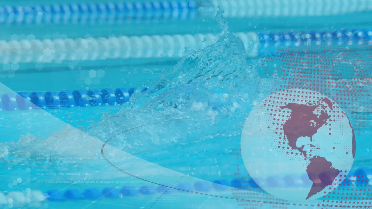 수영장 에 있는 백인 남성 수영 선수 위 에 있는 지구 의 애니메이션