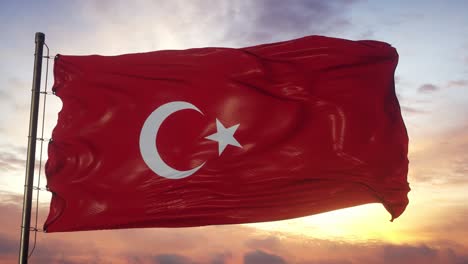 flag of turkey waving in the wind against deep beautiful sky at sunset