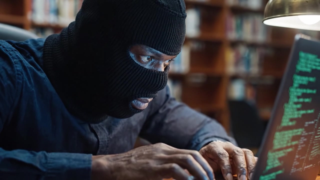 En mystisk skikkelse engasjert i cyberaktivitet: Intens fokus på en bærbar datamaskin som viser kode i et svakt opplyst bibliotekmiljø.