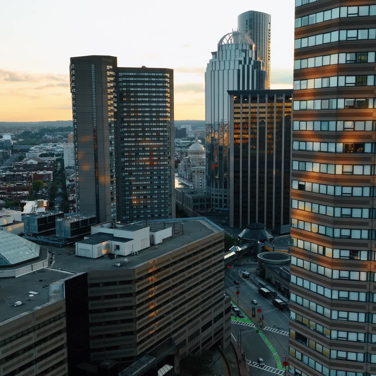 Modern high-rise architecture of contemporary Boston, Massachusetts, USA. Drone flying among the skyscrapers in the city downtown
