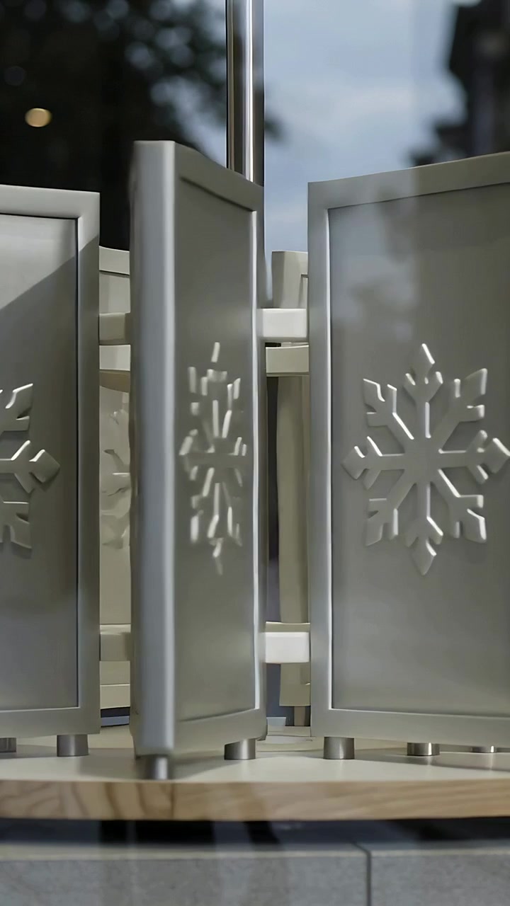 Vertical video: Rotating cream panels around pole motorized showing snowflake motif at shop window