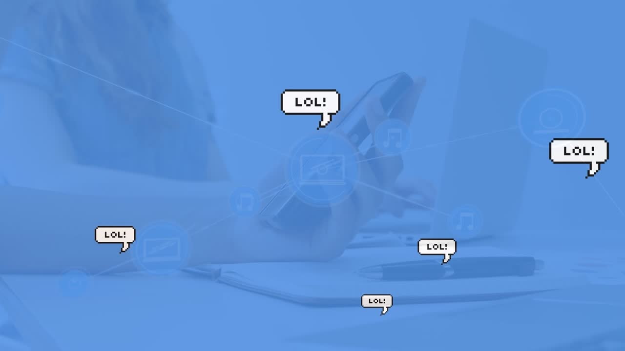 Animation of network of connections with icons over person using smartphone