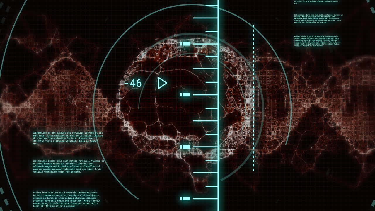 검은 바탕에 인간의 뇌와 디지털 데이터 처리의 애니메이션