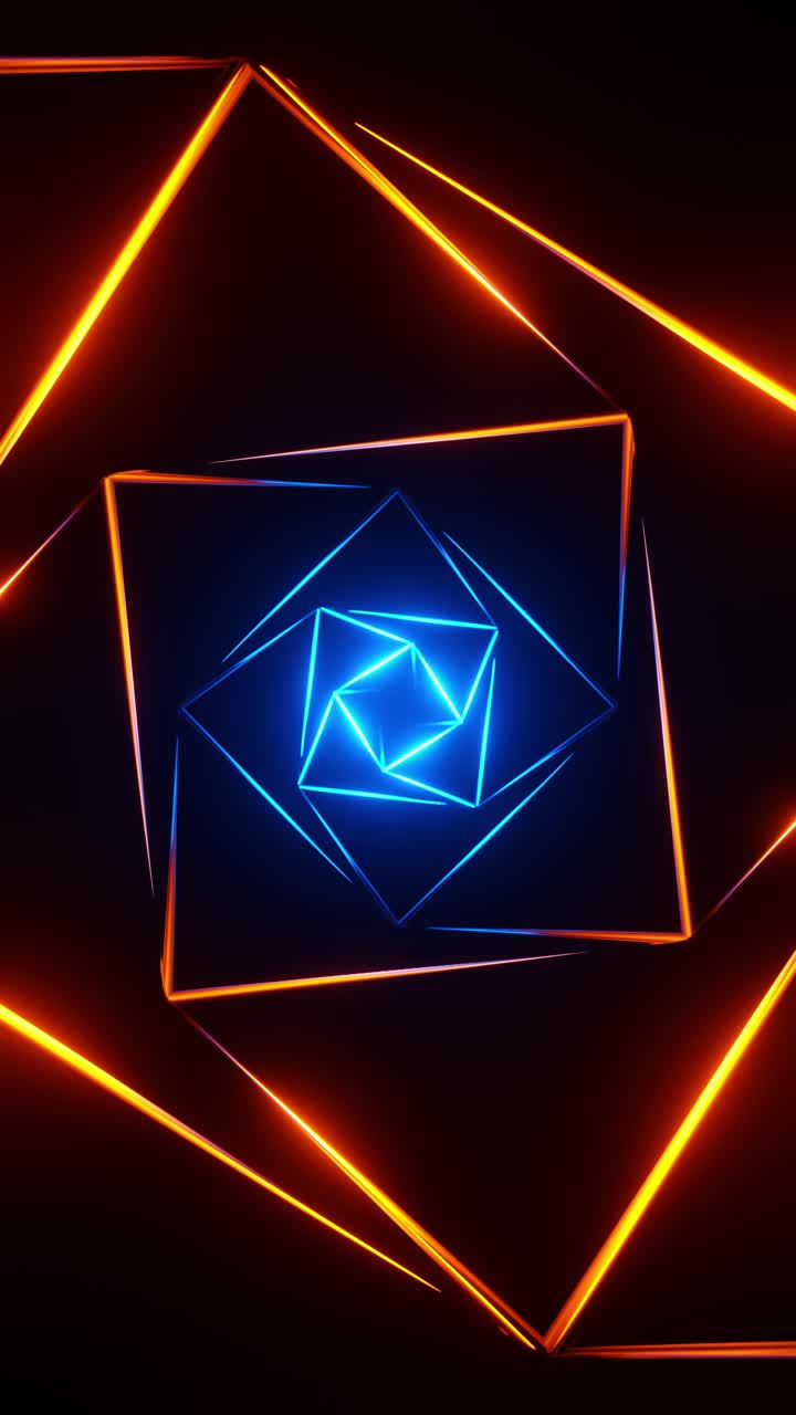 túnel de neón cuadrado azul y naranja. animación en bucle vertical