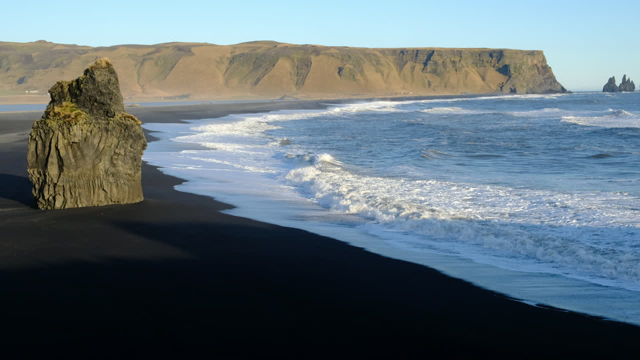 View of the black sand beach from Dyrhólaey in Vik, Iceland.
