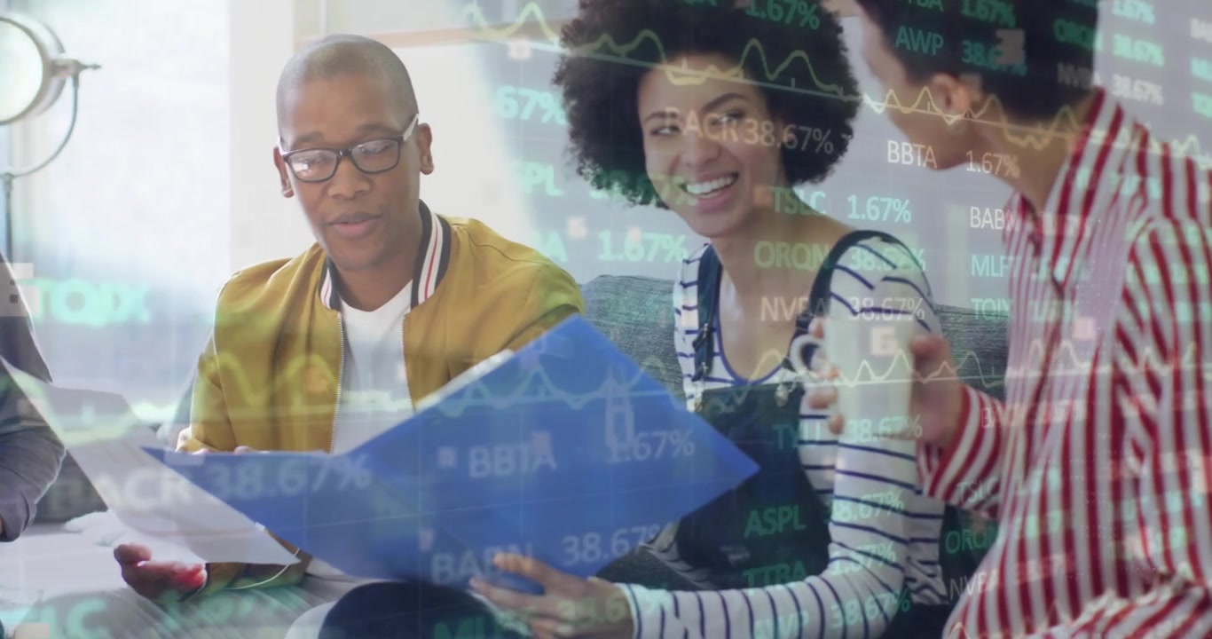Animation of data processing over business people using phone headsets