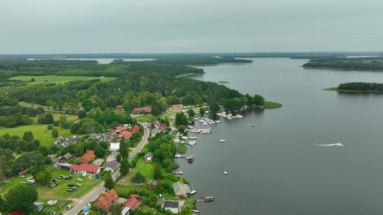 Aerial View of a Lakeside Village with Marina