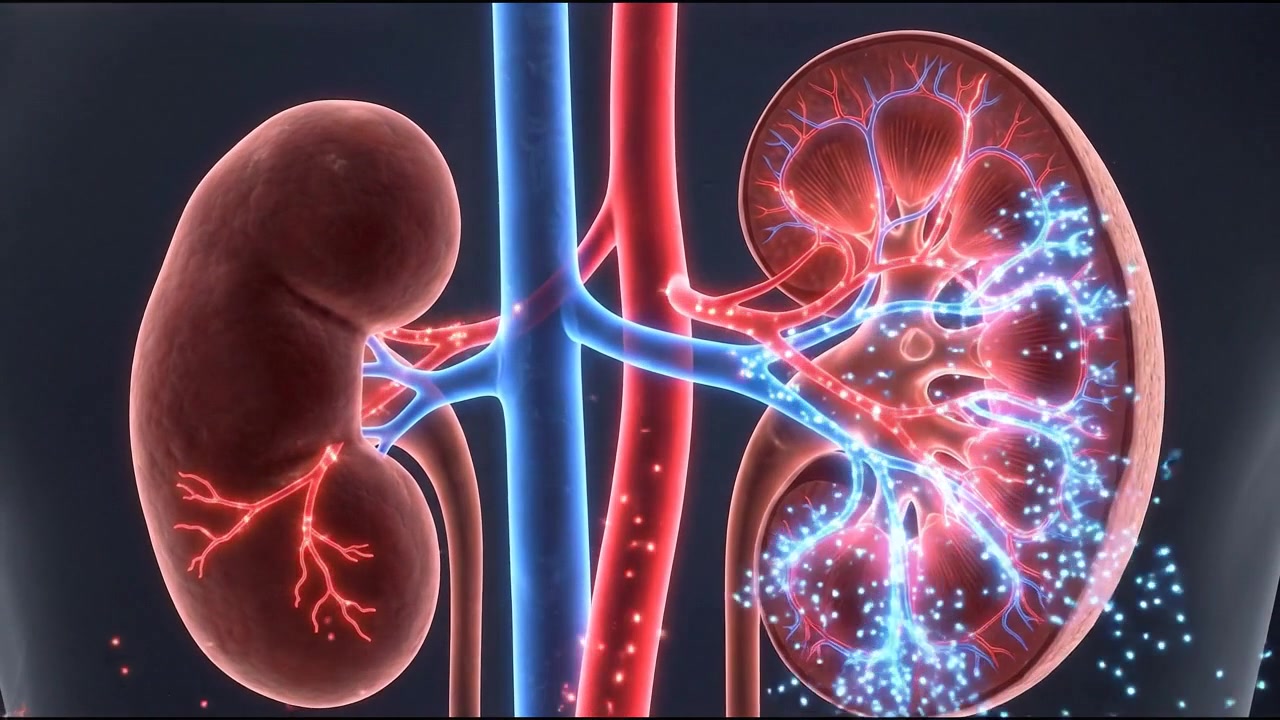 Pair of 3D human kidneys render showing red and blue renal blood vessels