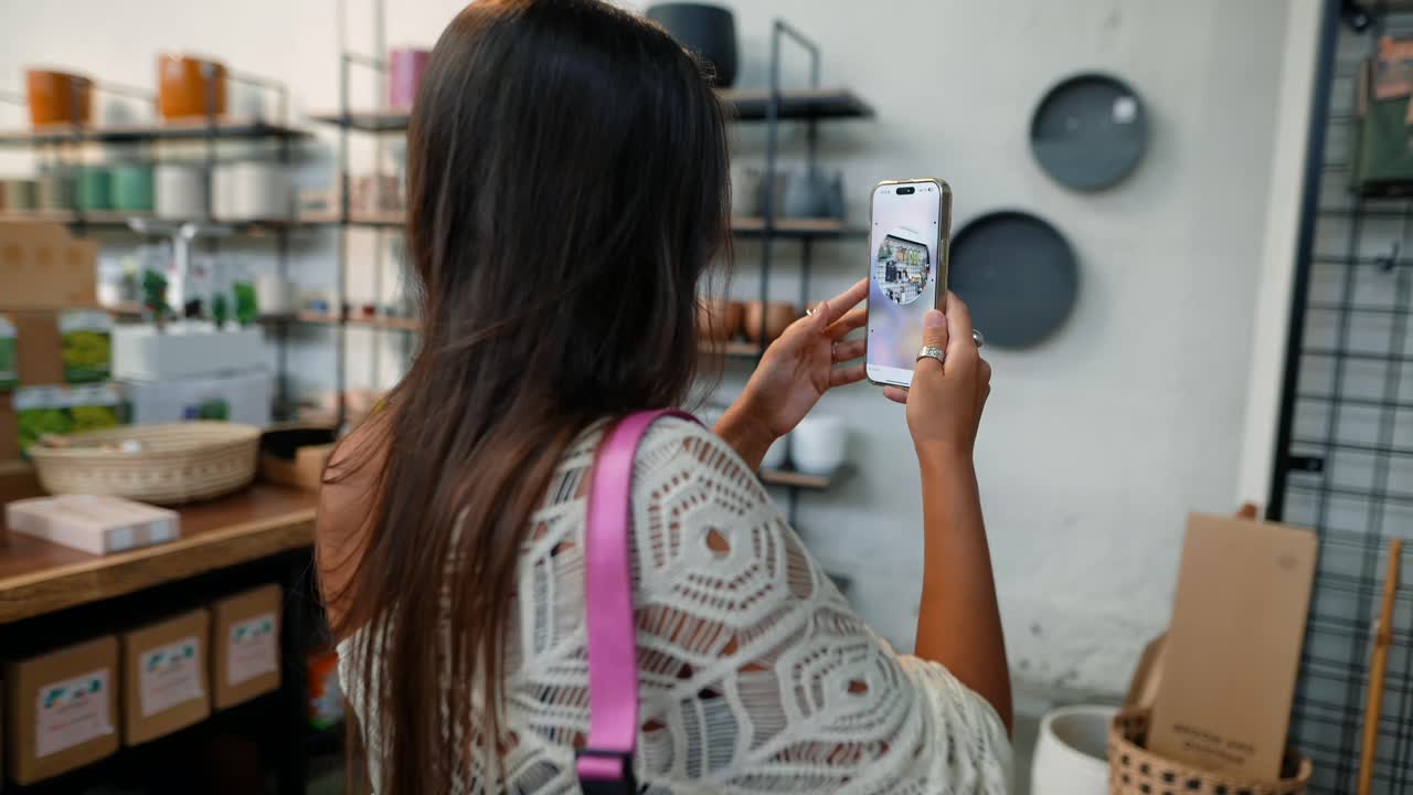 Woman in a store taking a picture with her phone