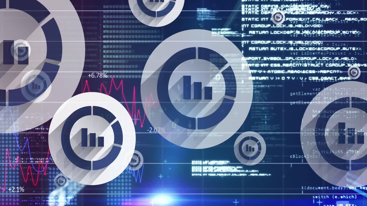 animación de iconos de estadísticas en línea que se mueven sobre el procesamiento de datos sobre fondo azul