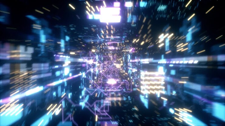 Flying in the chaotic technological futuristic space tunnel. Animation for music videos, nightclubs, audiovisual shows and performance, LED screens and projection cards. Seamless loop 3d render