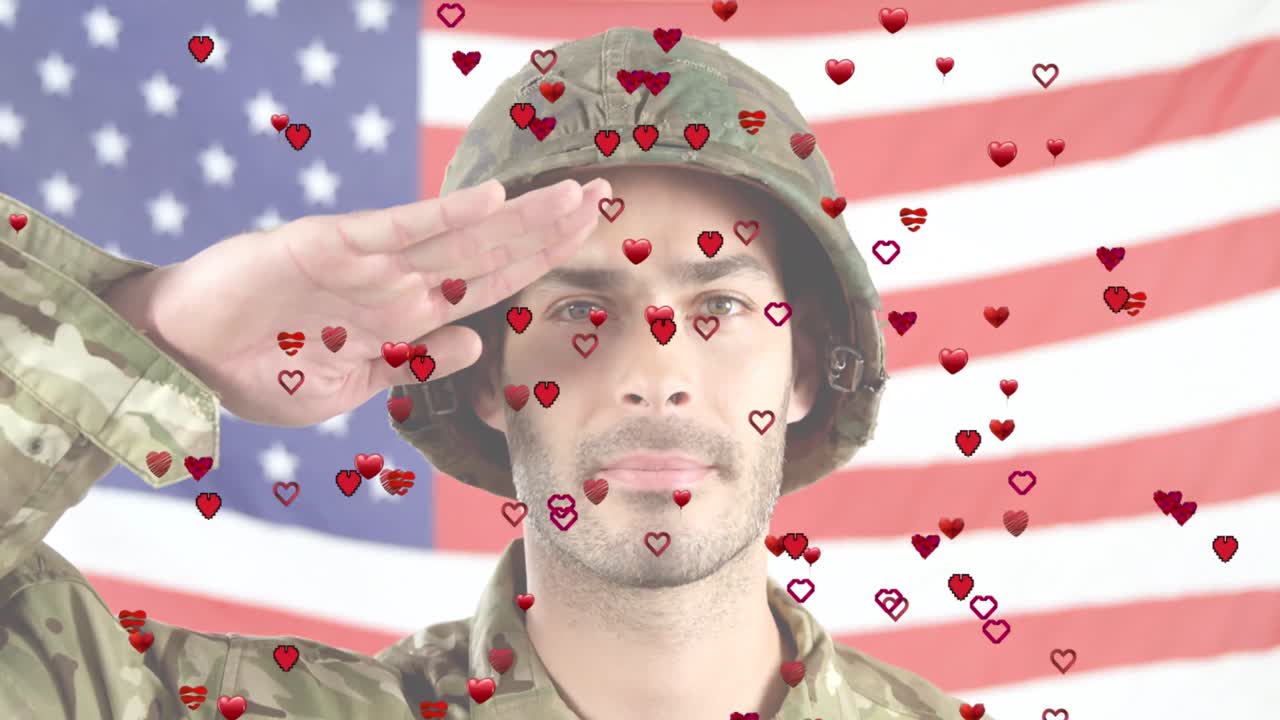 animación de corazones sobre soldado masculino caucásico y bandera de los estados unidos