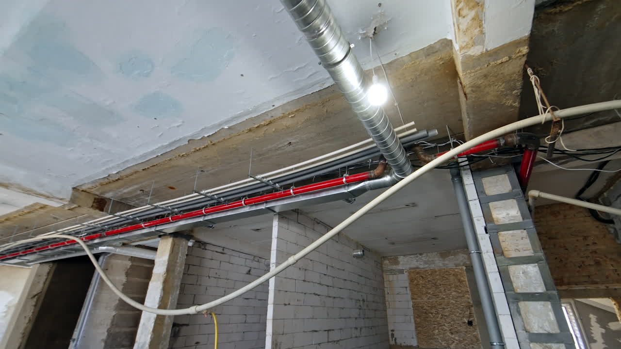 Pipes and wires on the ceiling of the buildings under construction. White brick walls in the interior.