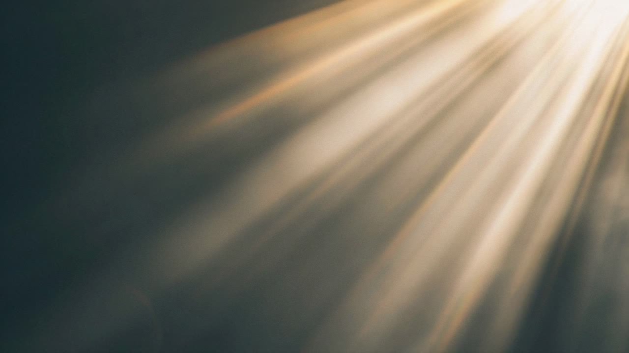 Vídeo abstrato com feixes de luz solar, capturados de um ângulo baixo, criando uma atmosfera dinâmica e etérea