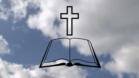 animation of outline of christian cross and open holy bible book over blue clouds