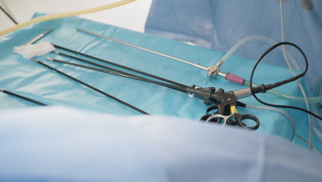 surgical instruments on a blue tray