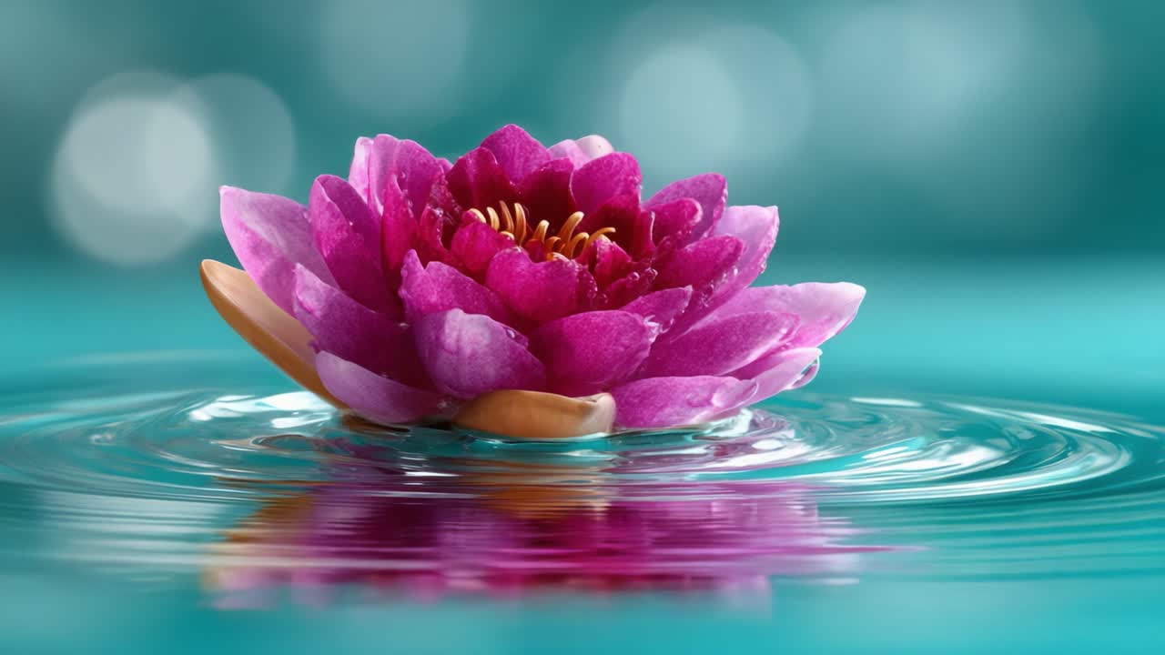 Serene Water Lily Blooming on Tranquil Surface, Reflecting Vibrant Colors and Soft Bokeh Background, Capturing the Essence of Nature's Beauty in Close-Up Detail