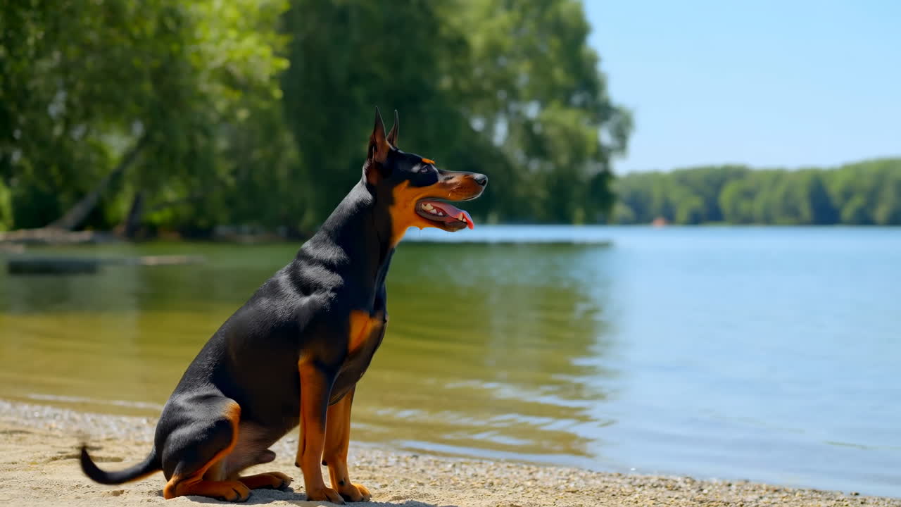 Doberman siedzący na piaszczystej plaży nad jeziorem