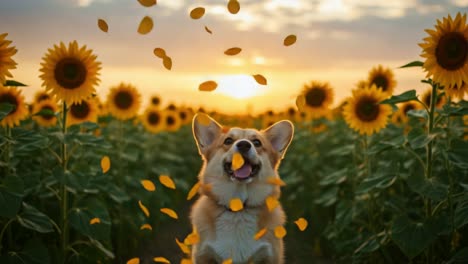 a joyful corgi surrounded by sunflowers, capturing the essence of happiness and nature as petals dance in the air during a stunning sunset