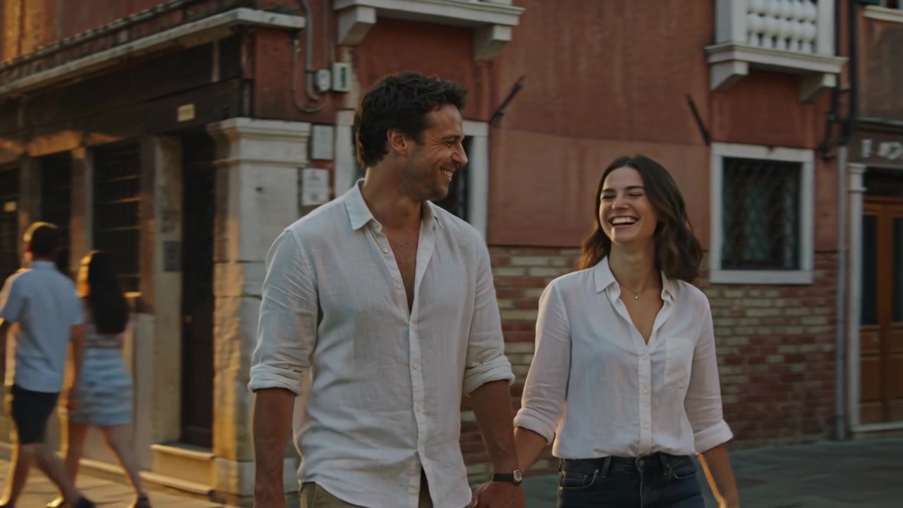 Tenendosi per mano, una coppia in camicia e jeans si scambia sguardi e ride lungo un canale con barche, durante un appuntamento.