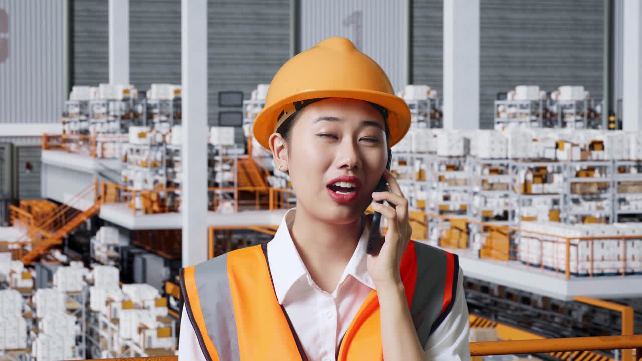 창고 에서 전화 로 이야기 하는 여자 노동자
