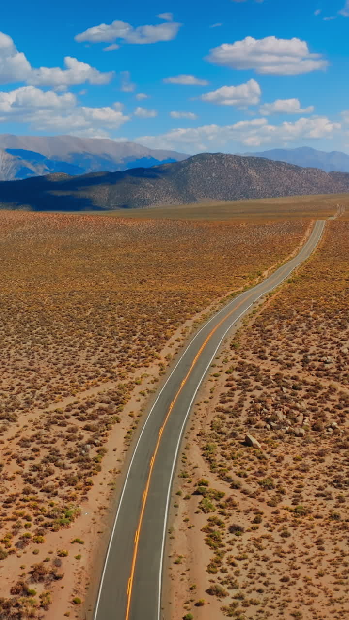 Highway crossing the dry landscape. Itinerary though the deserted land to Nevada, USA. Mountains at backdrop. Vertical video