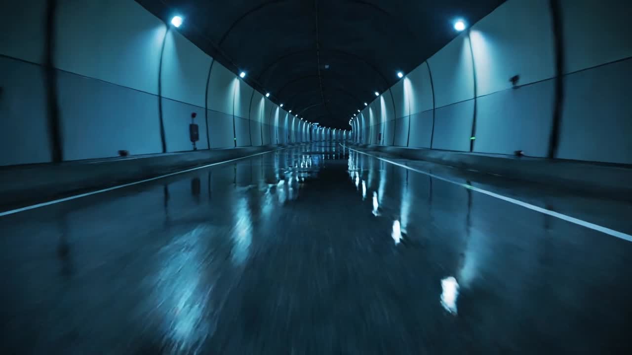 Camera rijdt transporttunnel in en beweegt voorwaarts, onthult blauwe lichten die weerspiegelen op nat asfalt
