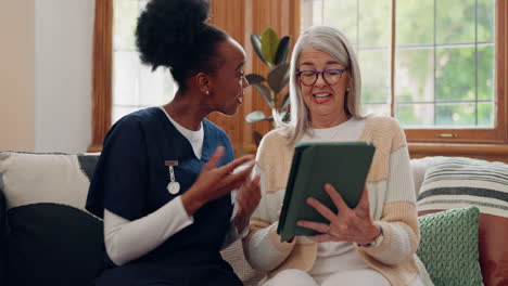 senior, woman and caregiver with tablet