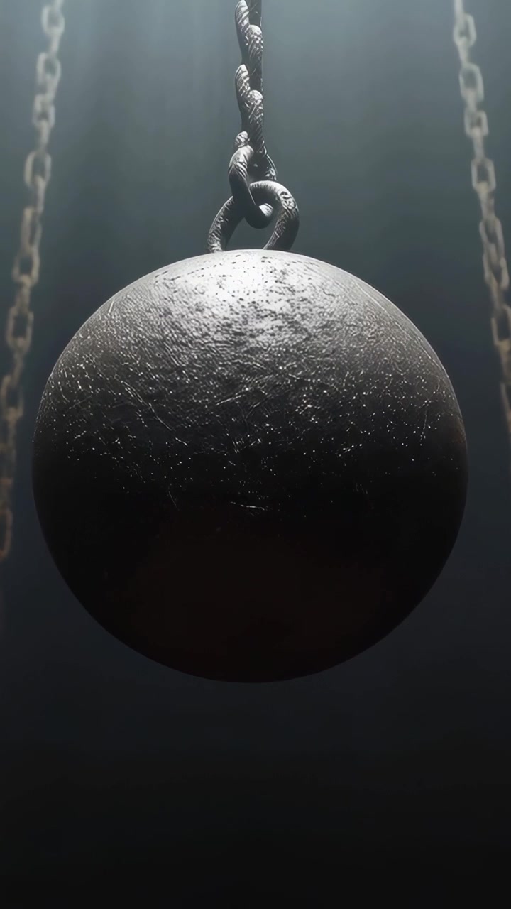 Vídeo vertical: Câmera em movimento aproximando uma bola de demolição numa estrutura, mostrando correntes trançadas e um anel de névoa.