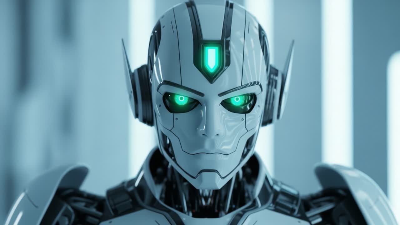 A Futuristic Android with Striking Green Eyes: Showcasing Sophisticated Robotics and Advanced AI Technology in a Sleek Modern Environment